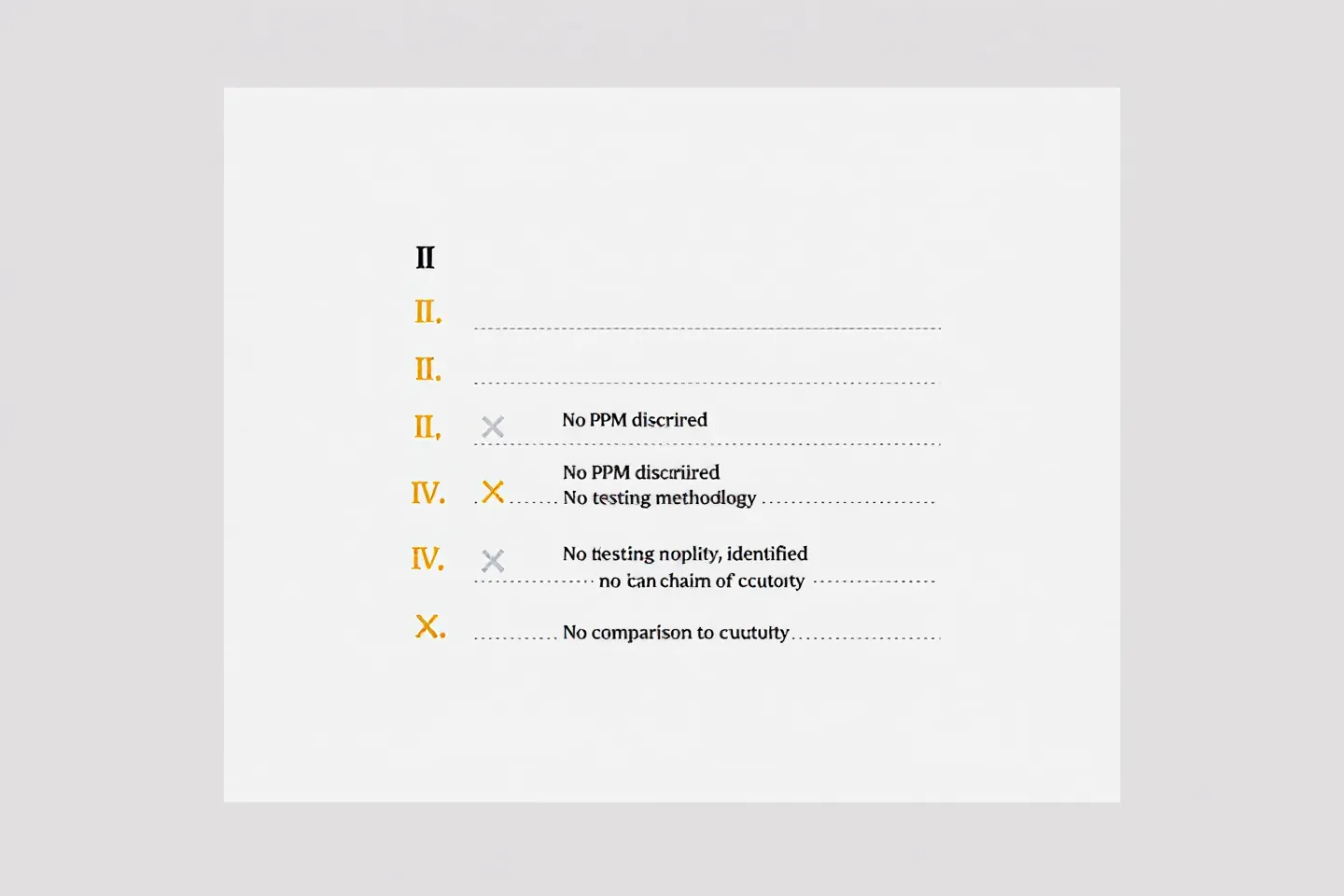 Editorial methodology-gap dismantle diagram showing five missing-element rows in accent gold with a single deep-maroon verdict checkmark beneath on a paper-white newsstand ground