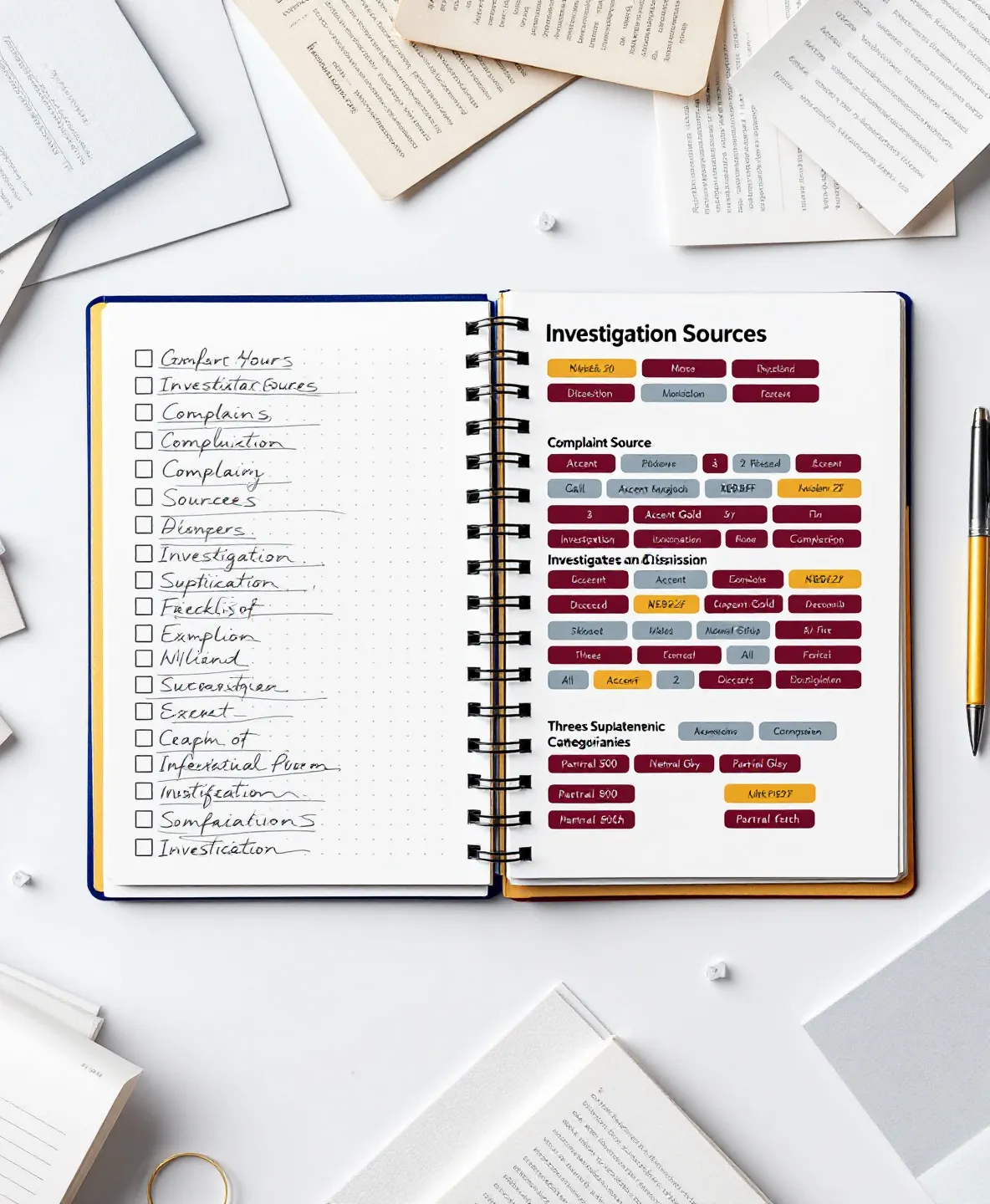 Top-down editorial investigation-desk composition of an open spiral notebook with a complaint-source checklist matrix and fanned paper sheets on a paper-white newsstand ground